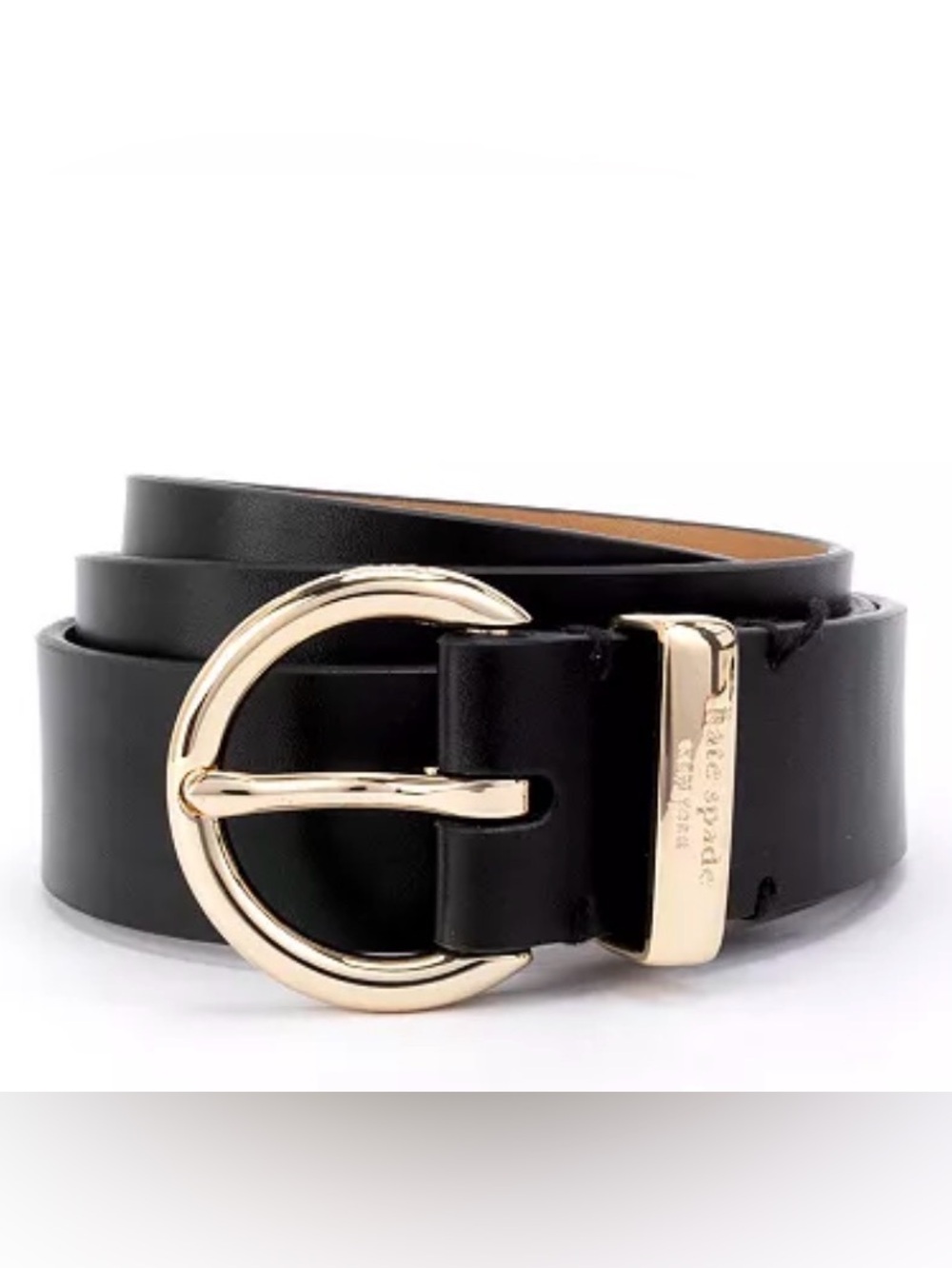 KATE SPADE New York Black Leather/Gold 28mm Engraved Logo Belt Size S NWOT